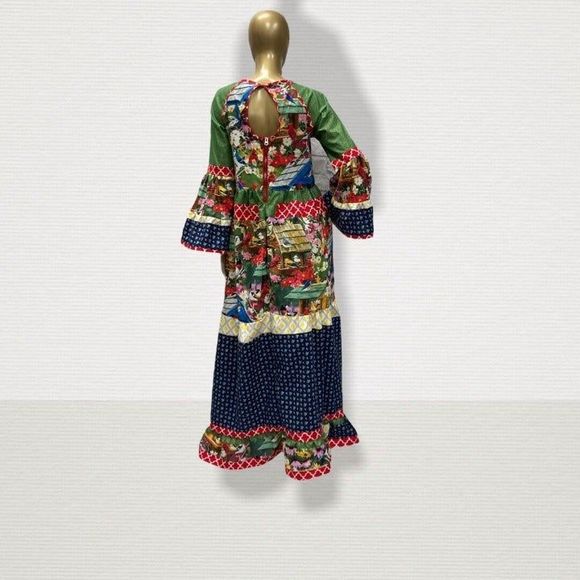 Cute Hobo Styled Maxi Dress Bird & Multi Print Cotton Long Ruffled Dress Women - Picture 2 of 8